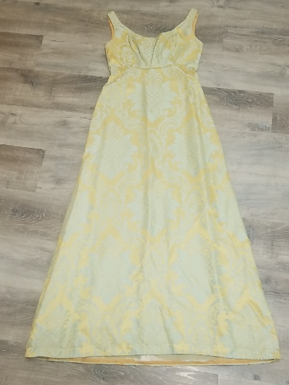 Vintage 60s Chartreuse and Powder Blue Silk Damask Maxi Dress